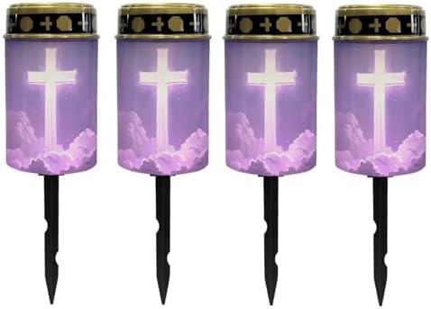 Poceacles Cross Solar Pathway Lights Pack of 4 Outdoor Grave Solar Lights Outside Waterproof Cemetery Flameless Candles Outdoor Solar Candle Grave Markers Eternal Decor, Cross Galaxy Cloud Violet by Poceacles