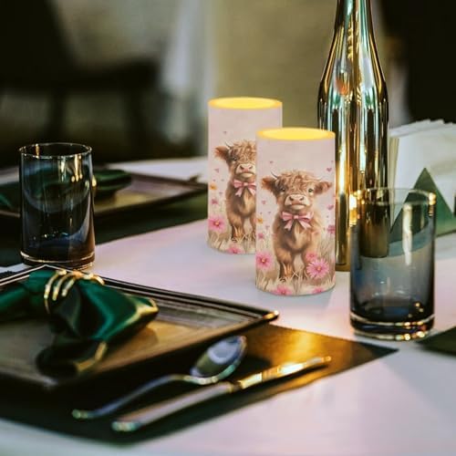 Valentines Day Flameless Candles Waterproof Battery Operated Candles with Timer Pack of 2 Pink Daisy Highland Cow Print LED Pillar Lights for Dining Table Decorations - Image 3