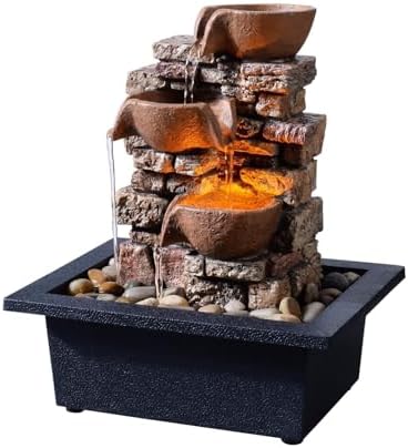 Haobos Indoor Tabletop Fountain 3-Tier Rockery Relaxation, Soothing Sound Home/Office/Bed Room Decor,Gifts for Mom/Grandma Relaxing Waterfall Meditation Tabletop Fountain LED Lights by Haobos