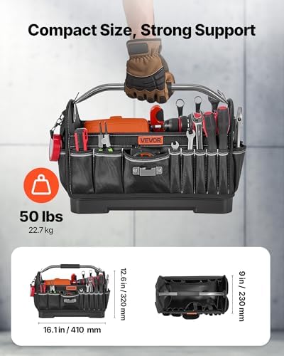 VEVOR Tool Bag, 16.1 Inch, 33-Pocket Open Top Tool Tote, Portable Electrical Maintenance Toolbox Organizer Storage with Hard Plastic Base, Adjustable Shoulder Strap, for Professionals DIY & Jobsite - Image 3