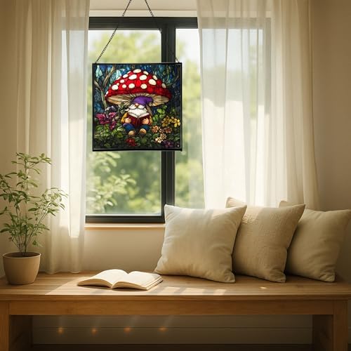 Gnome in Mushroom Hollow Stained Glass Suncatcher – Square Hanging Window Panel for Home or Greenhouse – Whimsical Glass Art Gift for Garden Lovers, Christmas, Halloween, Father Days DHs4J5 - Image 7