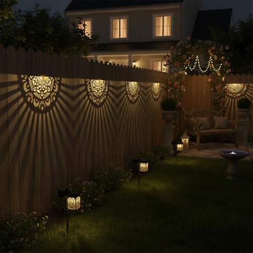 6 Pack Solar Fence Lights Outdoor Wall Lights Gold Plastic Solar Powered Deck Step Stair Lights Mandala Theme Waterproof Fence Solar Light for Garden Post Patio Backyard Yard Decor - Image 2