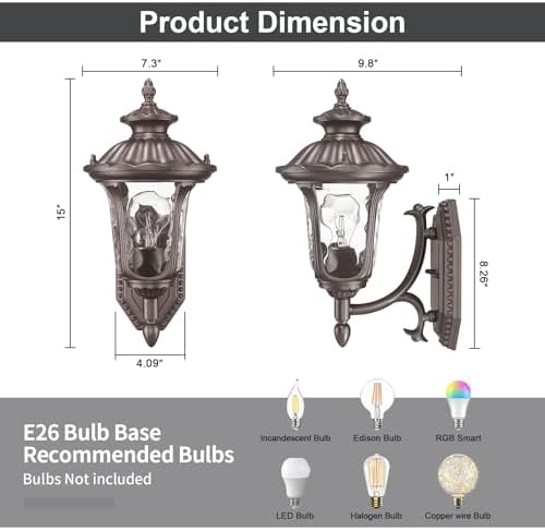 Outdoor Light Fixtures Wall Mount, Waterproof Exterior Wall Lanterns with Waer Ripple Glass, Outside Sconces, Front Porch Lights for House Garage Doorway Patio, 15'' Small Oil-Rubbed Bronze - Image 2