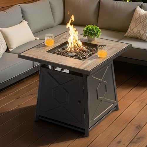 Nuu Garden 28 Inch Outdoor Propane Fire Pit Table, 50,000 BTU Square Gas Fire Table with Ceramic Tabletop, Lava Rock for Garden Backyard Party, Black by NUUGARDENCORPORATION