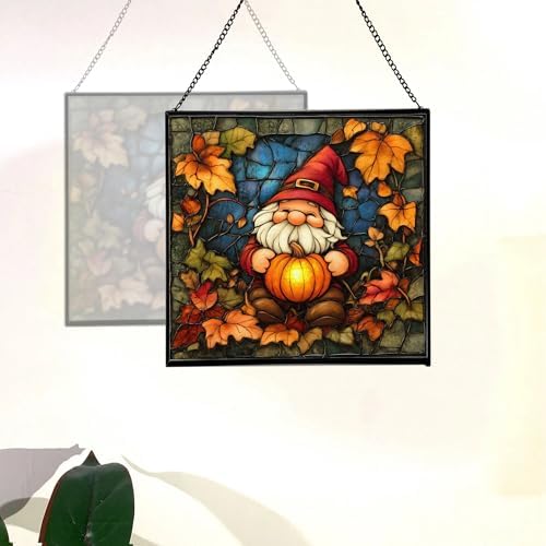 Gnome in Pumpkin Patch Stained Glass Suncatcher – Square Hanging Window Panel for Home or Greenhouse – Whimsical Glass Art Gift for Garden Lovers, Christmas, Halloween, Father Days o4PlUz - Image 4
