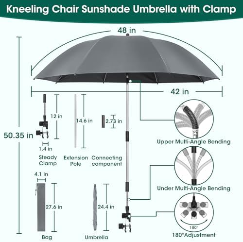 OAOA innovation 2-in-1 Garden Kneeler with Umbrella, Kneeling Bench & Grey Umbrella, Portable Stool 330lb Capacity, Garden Tools Bag with Bottle Holder, Gardening Gift for Men Women Seniors - Image 2