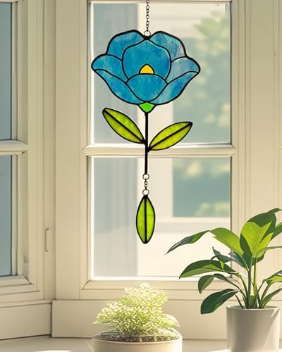 Stained Glass Window Hangings, Handcrafted Garden Suncatchers for Window and Home Decor, Unique Artisan Glass Ornaments for Indoor and Outdoor Use, Blue by Langodeco