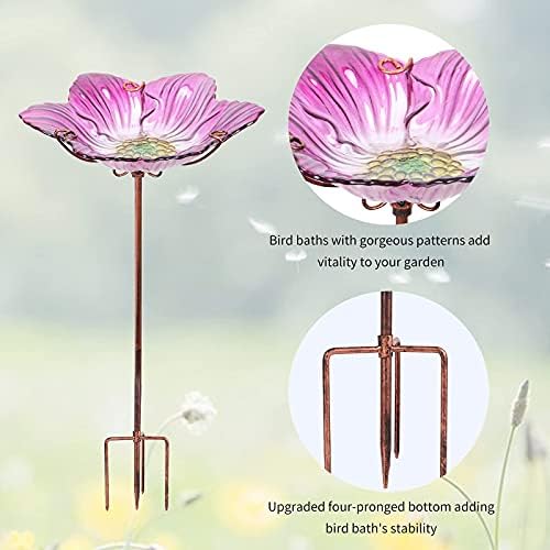26" Glass Bird Bath, Outdoor Birdbath Bird Feeder Pink Flower Metal Stake - Image 5