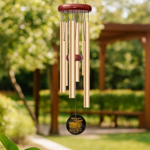 Personalized Motorcycle Memorial Wind Chime – “Riding with The Angels” Gold Cruiser with Wings and USA Flag – Custom Name & Years, Biker Remembrance Gift, Sympathy Decor for Loss of Loved One - Image 4