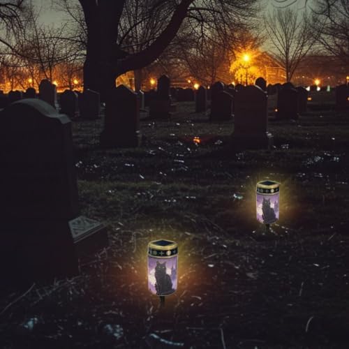Poceacles Solar Lights Outdoor Waterproof Cemetery Solar Outdoor Candle Grave Decoration Votive Candles Blessed Lights for Loss of Loves One, Black Cat Maple Leaf Bat Print Violet, Pack of 4 - Image 4