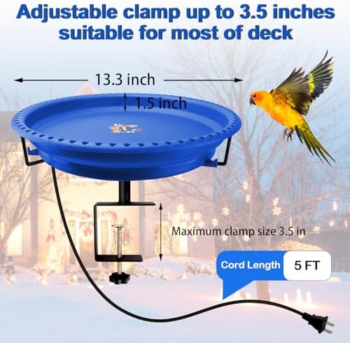 Daoeny Heated Bird Baths for Outdoors, Upgraded 100W Thermostatically Controlled Heated Bird Bath for Deck Railing, Heated Bird Bath for Outside Winter Garden Yard Patio Decor (Blue) - Image 5
