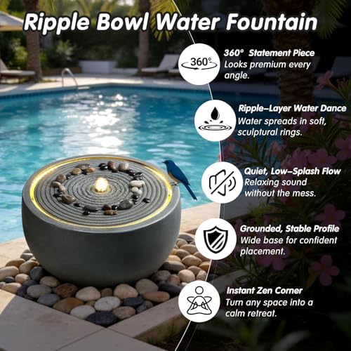 12.2" Outdoor Water Fountain, Modern Round Bowl Ripple Design, Outdoor Fountain with LED Lights, Outdoor Freestanding Fountain with Pump, Garden Water Feature, Concrete Bowl, Blue Gray - Image 4