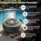 12.2" Outdoor Water Fountain, Modern Round Bowl Ripple Design, Outdoor Fountain with LED Lights, Outdoor Freestanding Fountain with Pump, Garden Water Feature, Concrete Bowl, Blue Gray - Image 4
