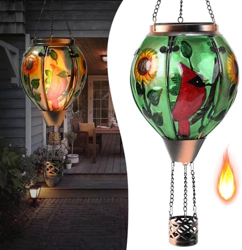 Hot Air Balloon Solar Lantern - Cardinal Bird Glass Lantern, Simulated Flickering & Dancing Flame, Outdoor Hanging Yard Light Waterproof IP65 for Patio Lawn Porch Decor Gift by Unknown