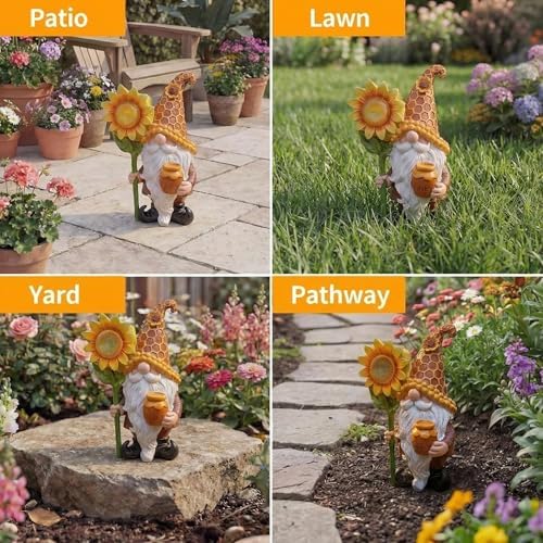 Lyeasw Solar Garden Gnomes Gifts - Garden Gnome Decor Outdoor - 8.3 Inch Honey Pot Funny Figurines for Birthday Anniversary Gardening, Unique Sunflower Decorations for Mom & Grandma Yard Patio - Image 2