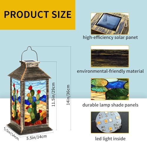 Solar Lantern Majestic Mountains Western Film Style Stained Glass Outdoor Waterproof Garden Hanging Lantern Solar Powered Lighting Outside Table Lamp for Patio Deck Camping 1 Pack - Image 6