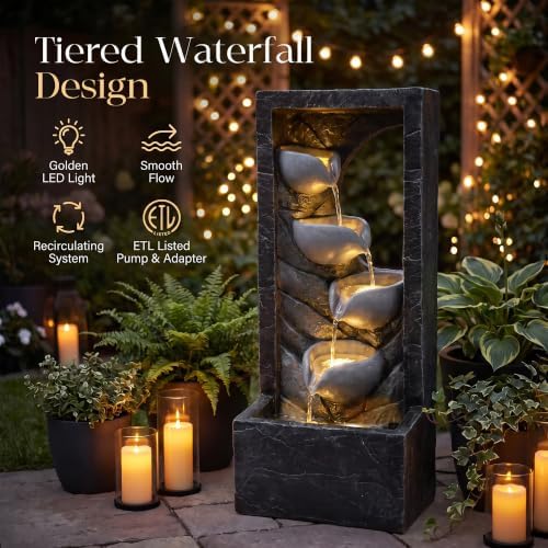 39.8" H Modern Outdoor Water Fountain, 5-Tier Waterfall with LED Lights - Image 3