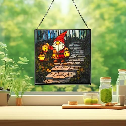 Lantern Path Gnome Stained Glass Suncatcher – Square Hanging Window Panel for Home or Greenhouse – Whimsical Glass Art Gift for Garden Lovers, Christmas, Halloween, Father Days 53PQ0z - Image 2