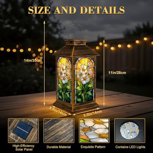 Solar Lantern Outdoor Garden Hanging Lantern Stained Glass Artwork White Flowers Green Leaves Warm Sunset Waterproof Solar Powered Lighting Outside Table Lamp for Patio Deck Yard Camping - Image 2