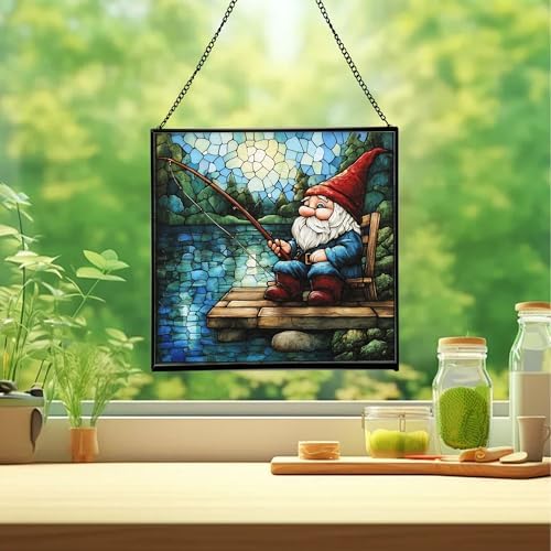 Fishing Gnome by The Lake Stained Glass Suncatcher – Square Hanging Window Panel for Home or Greenhouse – Whimsical Glass Art Gift for Garden Lovers, Christmas, Halloween, Father Days RUy8OS - Image 2