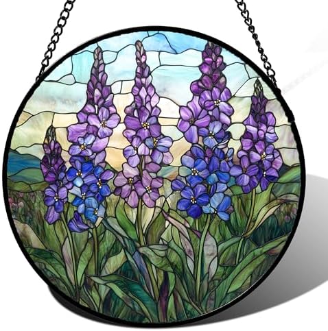 Purple Lupine Flowers Stained Glass Window Hanging Suncatcher Gift 12" by Follow