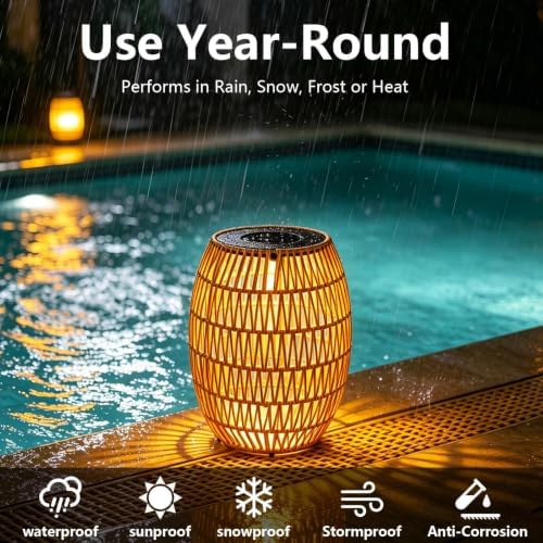 Solar Outdoor Side Table, Boho Handwoven Drum Rattan, 12.8" D x 16.9" H - Image 7