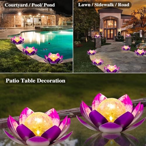 AIINY Solar Light Outdoor Decor Art Crackle Globe Glass Lotus Decoration, Solar LED Waterproof Purple Metal Flower Lights for Patio,Lawn,Walkway,Tabletop(2Pack) - Image 6