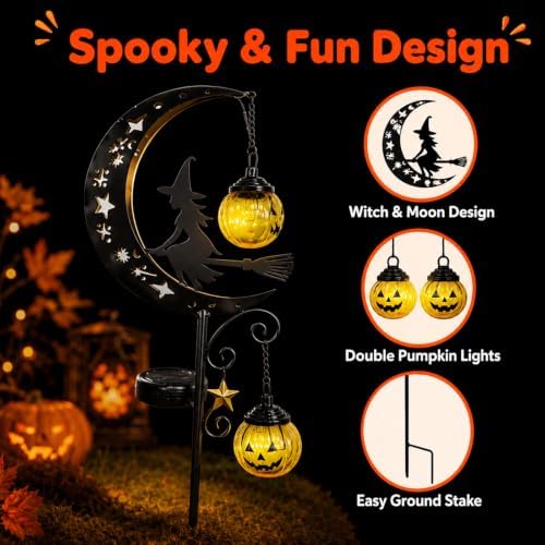 Halloween Solar Garden Stake Light Crescent Moon Black Witch - Image 2