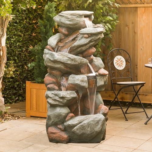 Alpine Corporation WIN1548 Outdoor Floor Cascading Stone Fountain with LED Lights, Tiered Garden Water Fountain, 53" H, Gray - Image 6