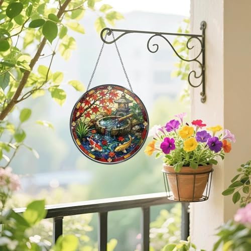 Stained Glass Window Hanging Japanese Koi Pond Maple Leaves Garden Lantern Sun Catchers Tranquil Zen Water Fountain Japanese Style Suncatchers for Home Porch Garden Indoor & Outdoor Decor (9.8x9.8 IN) - Image 4