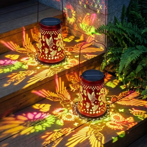 BUCASA 2 Pack Hummingbird Solar Lanterns Outdoor Solar Lights by Lightingupyoureveryday