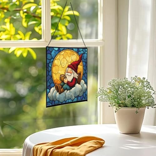Cocoa by Moonlight Gnome Stained Glass Suncatcher – Square Hanging Window Panel for Home or Greenhouse – Whimsical Glass Art Gift for Garden Lovers, Christmas, Halloween, Father Days oK2gHR - Image 3