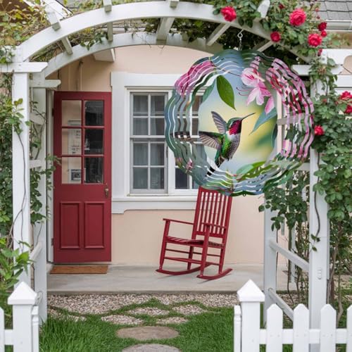 Wind Spinners for Yard Garden, Spring Hummingbird Flower Leaf 3D Stainless Steel Round Hanging Spinners Indoor Outdoor Kinetic Yard Art,12 Inch, Pastoral Pink Floral Bird - Image 3