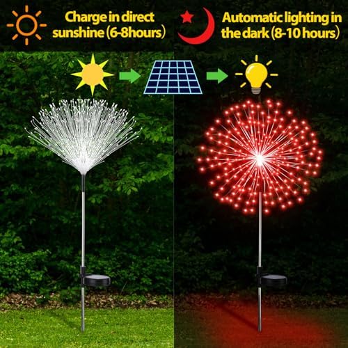 Tujoe 9 Pcs Christmas Solar Firework Stake Lights 180 LED 8 Modes Solar Waterproof LED Sparkler Lights Outdoor Decoration for Garden Patio Yard Pathway Walkway Lawn (Red Green White) - Image 4