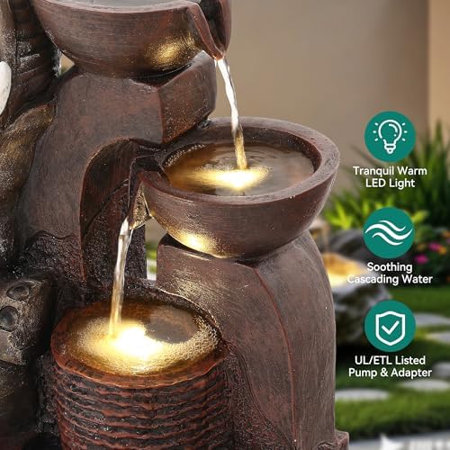 20" Elephant Outdoor Fountain LED 3-Tier Waterfall, Bronze - Image 5