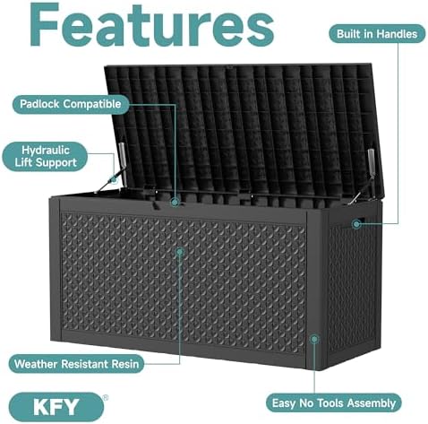 101 Gallon Waterproof Outdoor Storage Box, UV Resistant Resin Deck Box with Hydraulic Rod for Reinforced Stability, Perfect for Patio, Garden, and Pool（Black，101 Gallon） - Image 3