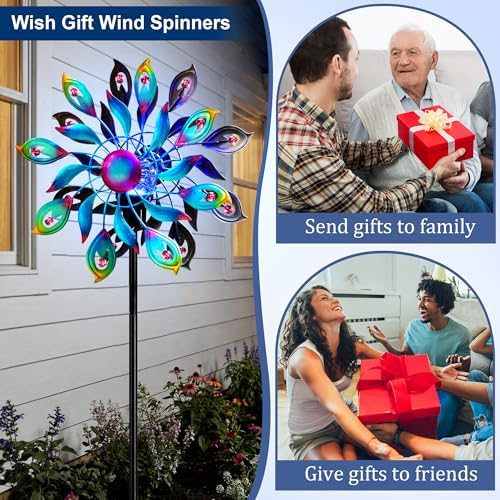 360°Peacock Solar Wind Spinner with Lights Blue Metal Garden Outdoor Decor Yard Lawn Art Decor for Patio Kinetic Windmills Unique Gifts for Friends and Family 51.9' H x 12.2'' Dia - Image 6