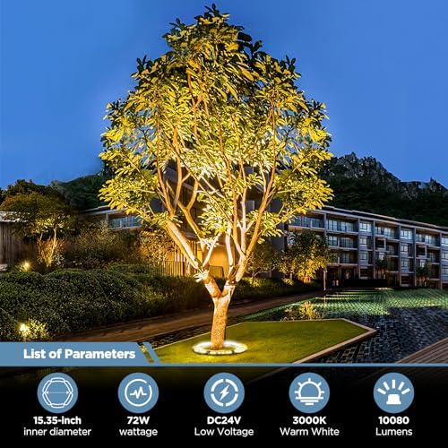 Gardencoin Outdoor Ring Tree Lights, 72W LED Landscape Uplighting for Trees, 3000K Warm White, Low Voltage IP65 Waterproof, 15.35" Inner Diameter, DC24V Driver Included, 10080 Lumens, Set of 6 - Image 2