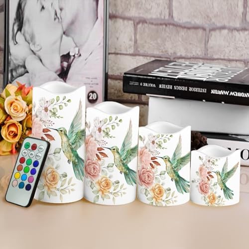 Hummingbird Floral Flickering Flameless Candles with Remote Color Changing Battery Operated Candles with Timer LED Pillar Candles for Valentines Wedding Holiday Party Home Decor Set of 4 - Image 4