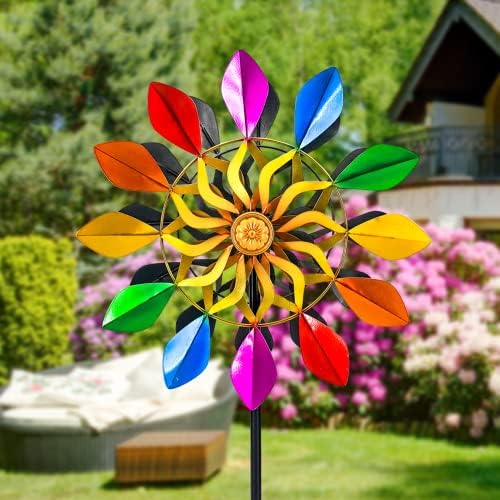 63 Inch Kinetic Wind Spinners with Garden Stake, Rainbow Metal Windmill Decorations, 360 Swivel Outdoor Wind Sculpture, Dual Direction Colorful Wind Catcher for Yard Art, Lawn, Garden Decor, Gifts - Image 2