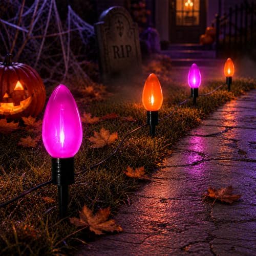 Jumbo C9 Halloween Pathway Lights, 4 LED Stakes, Orange and Purple by Konictom