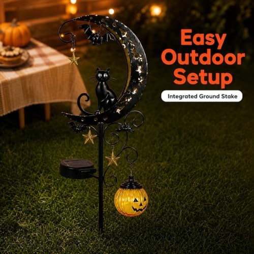 Halloween Solar Garden Stake Light Crescent Moon Black Cat - Image 4