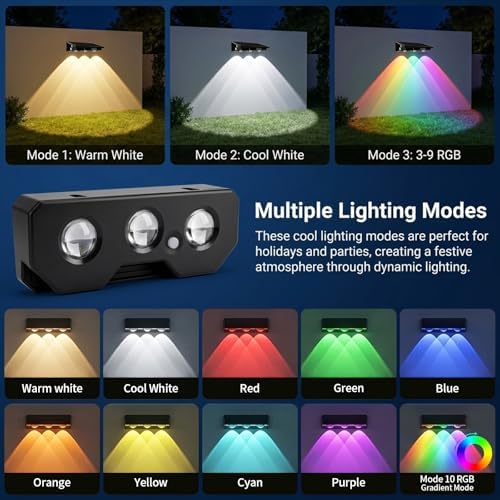 Solar Fence Lights Outdoor 8 Pack, Warm White & RGB Color Changing Fence Lights Solar Powered with Brighter LED Focus Lens, IP65 Waterproof Fence Lights Solar for Wall Deck Patio Porch Step Pool - Image 4