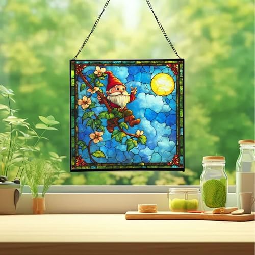 Glowing Vine Gnome Stained Glass Suncatcher – Square Hanging Window Panel for Home or Greenhouse – Whimsical Glass Art Gift for Garden Lovers, Christmas, Halloween, Father Days nPLiIr - Image 2