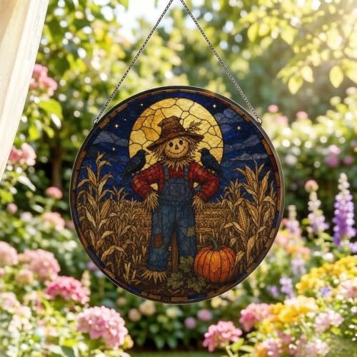 Night Scarecrow Crows Stained Glass Suncatcher 9.8" Colorful Window Hanging Ornament, Retro Sun Catcher Decor with Chain for Home Wall Garden Birthday Christmas Mothers Day - Image 2