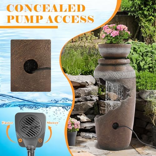 Outdoor Water Fountain with LED Lights & Planter, Modern Freestanding Garden Fountain, Spiral Tiered Urn Waterfall Resin Fountain for Patio, Yard, Porch and Home Décor, Cracked Urn Design - Image 6