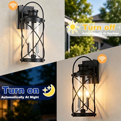 20inch Large Dusk to Dawn Outdoor Wall Lights Fixtures, Waterproof Exterior Lighting Fixtures with Photocell Sensor,Vintage Black Metal Cage Lantern Outside Lights for Porch Patio House Garage（2 Pack） - Image 3