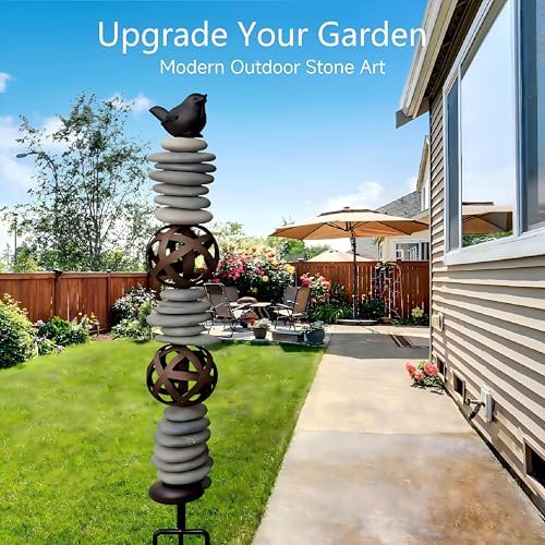 Garden Totem Sculpture with Cast Iron Bird – Natural River Rock Rustic Garden Decor, Outdoor Yard Art Garden Stake for Lawn, Patio & Cottage Garden 32 Inch - Image 2