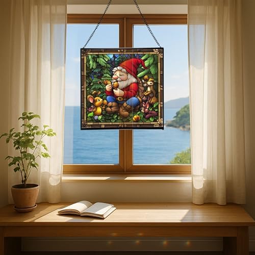 Gnome with Acorn Whistles Stained Glass Suncatcher – Square Hanging Window Panel for Home, Garden, Nursery, Halloween, Christmas, Memorial Day – Whimsical Glass Art Gift for Gnome Lovers a2mqwg - Image 6