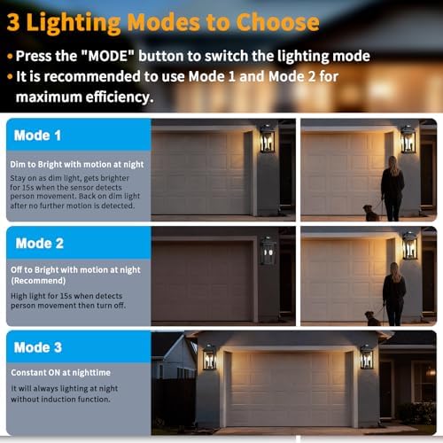 Solar Wall Lights Outdoor with 3 Lighting Modes & Motion Sensor, Outdoor Solar Dusk to Dawn Porch Lights, Waterproof Solar Wall Lantern Lights Fixture for Garage Shed Yard Garden Front Door, 2 Pack - Image 3